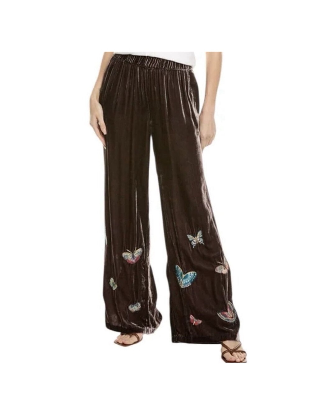 Johnny Was velvet butterfly embroidered pants in coffee bean, size small